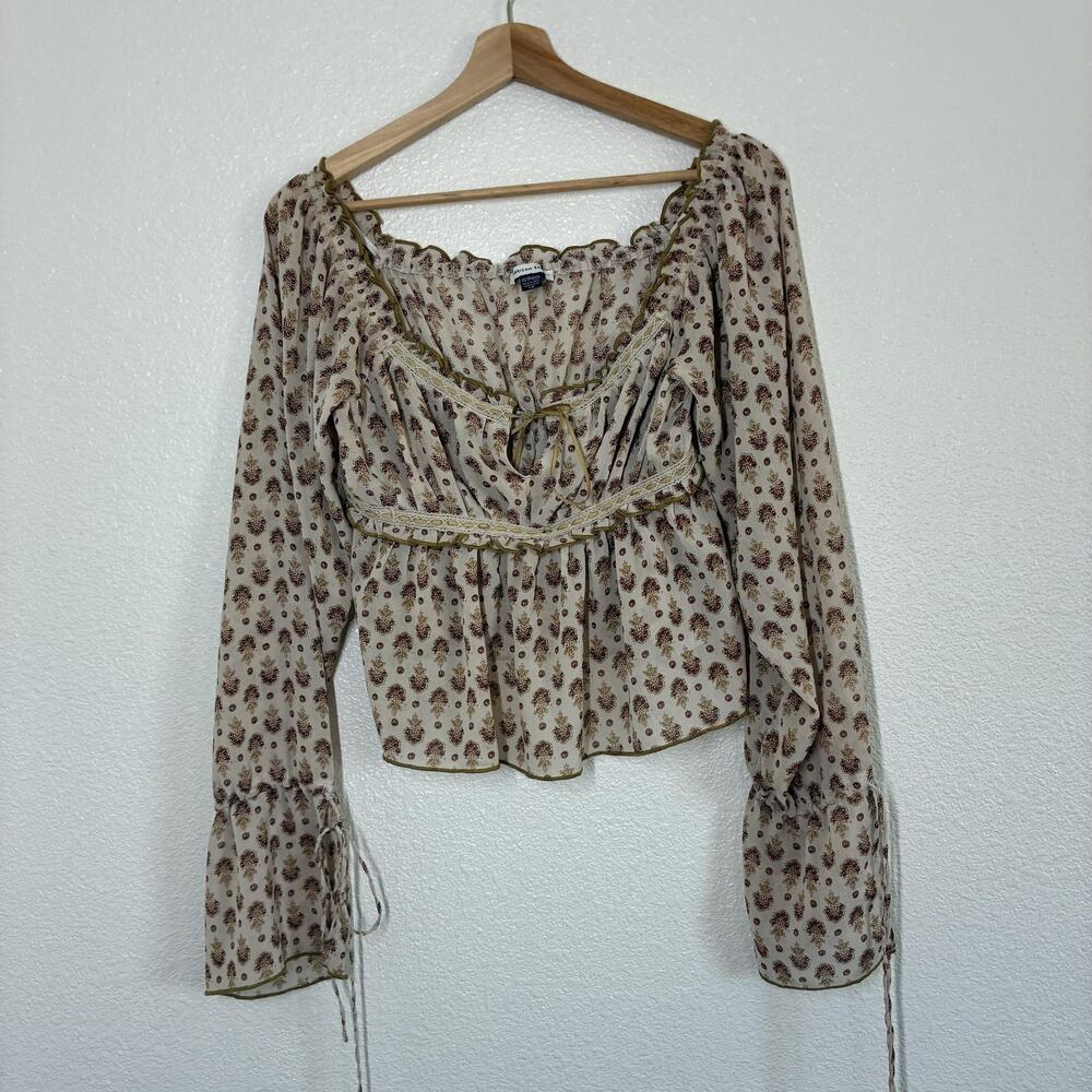American Eagle Blouse Womens XS Beige Floral Square Neck Sheer Boho Crop Top